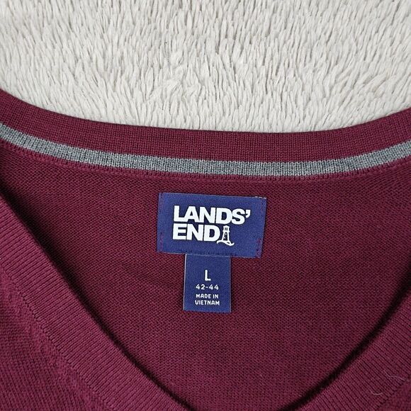 Lands End V-Neck Sweater Men's L Burgundy Red Preppy 100% Cotton - Picture 3 of 6